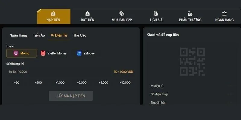 Nạp tiền qua các loại ví điện tử
